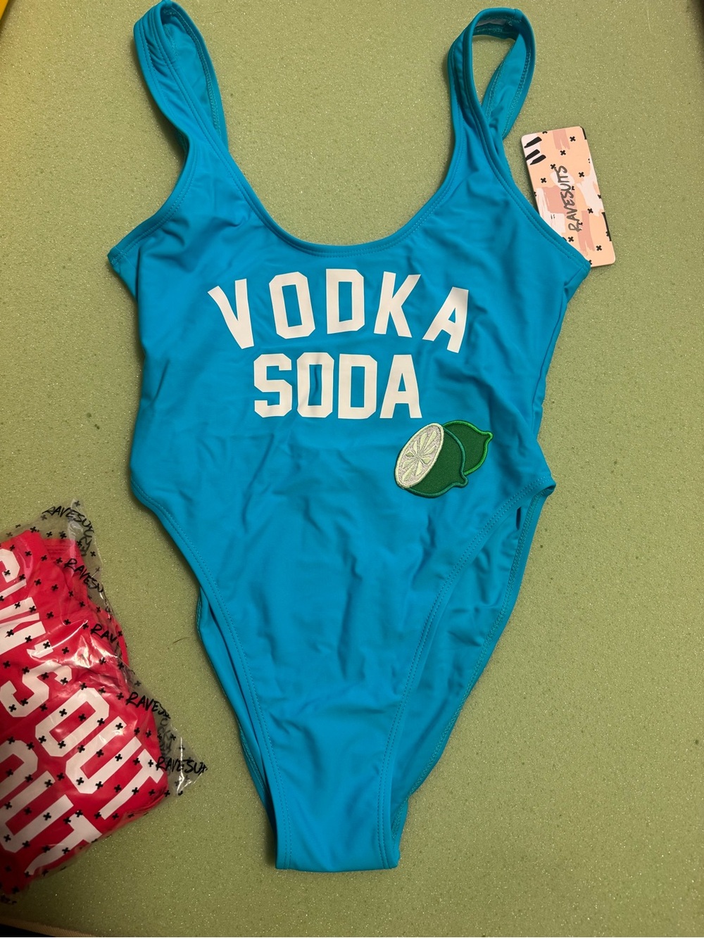 Vodka Soda TEAL One-Piece Swimsuit - ravesuits - WITH LIME iron on patch